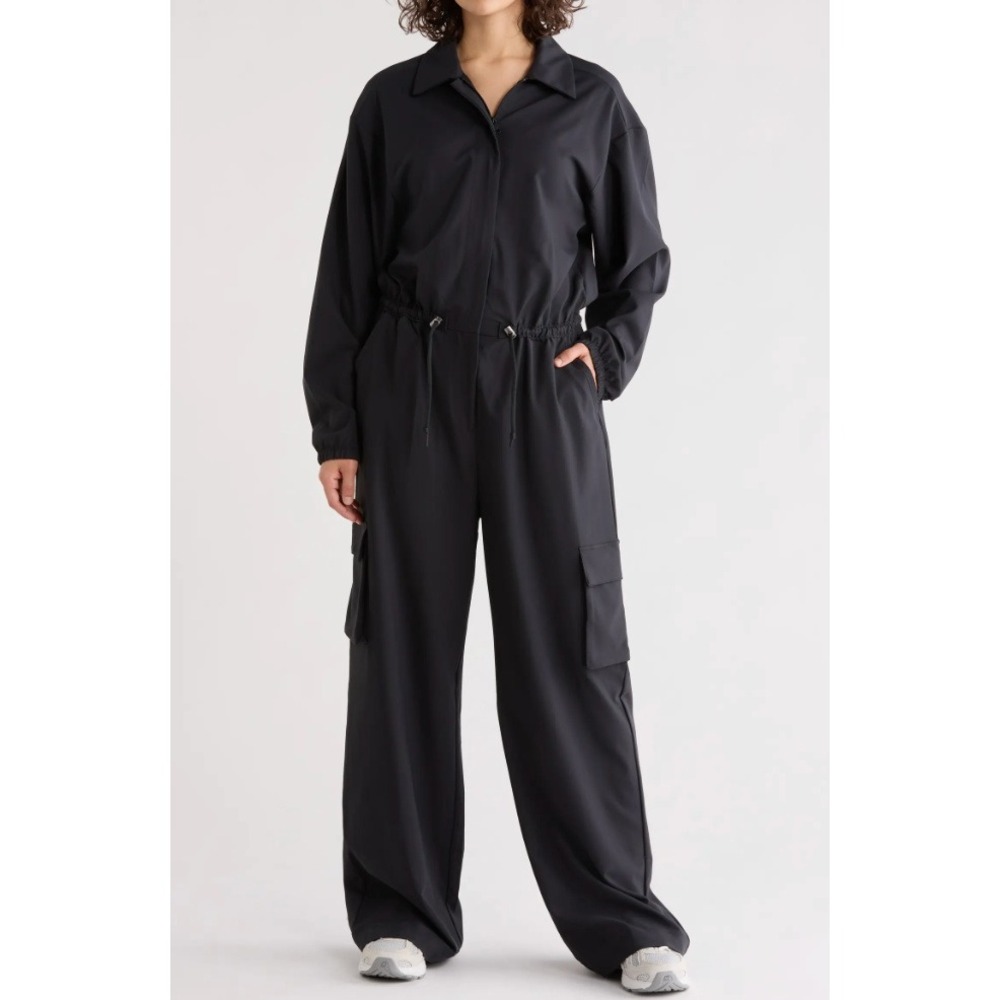 Beyond Yoga City Chic Cargo Jumpsuit Women M Black Long Sleev Drawstring Utility